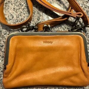 Minoy Tan Leather Mini Crossbody Wallet Bag